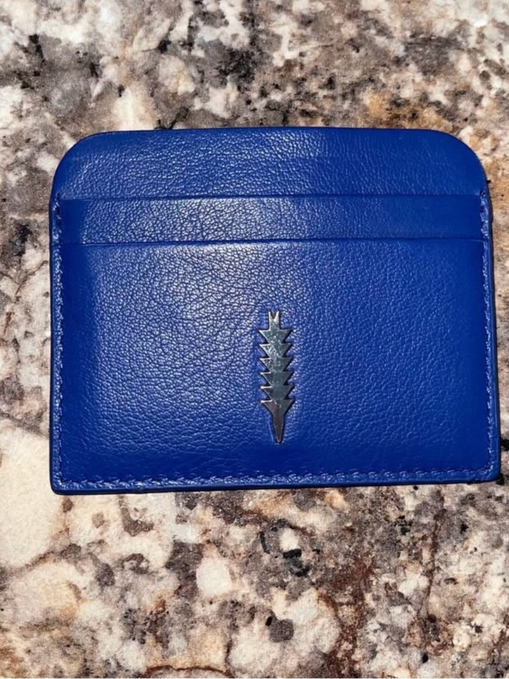 Blue Leather Card & Key Holder with Metal Leaf Accent